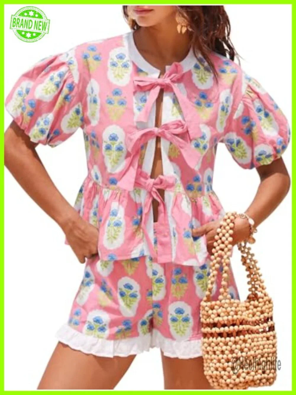Floral Puff Sleeve Babydoll Blouse Ruffle Shorts Matching Set